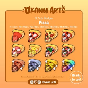 12x PIZZA-badgepakket: kawaii-subbadges voor Twitch (en Discord) | Schattig Italiaans eten, abonnee- en bitbadges/emotes