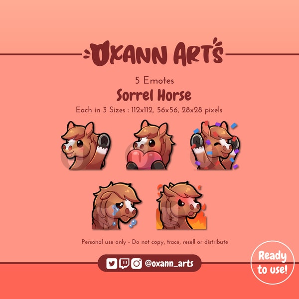 5x SORREL HORSE Emotes Emoji Pack für Twitch - Süßes braunes Pony- Kawaii/chibi Fohlen