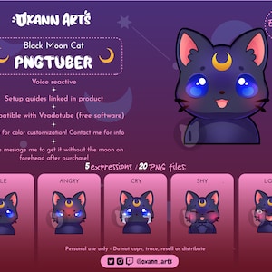 BLACK MOON Cat PNGtuber Model | Cute Stream Mascot 5 Expressions for OBS or Streamlabs | Kitten Twitch Streamer, Vtuber, V-tuber