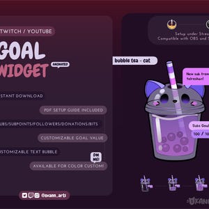 Cat Bubble Tea / Widget de objetivos de transmisión para Twitch y YouTube / Suscriptores, seguidores, consejos y saludos / Widget Streamelements para obs/Streamlabs