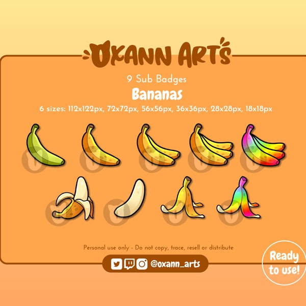 9x BANANA Sub Badges or Emotes for Twitch | Streaming cheer badges | Yummy Funny Bananas Channel points | Bit Badges