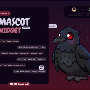 Może przedstawiać: Cyfrowa grafika dla Twitcha przedstawiająca kreskówkowego kruka z świecącymi czerwonymi oczami. Projekt zawiera tekst "MASCOT WIDGET" oraz szczegóły takie jak "Natychmiastowe pobieranie" i "Konfigurowalny dymek tekstowy". Kompatybilny z OBS i Streamlabs.