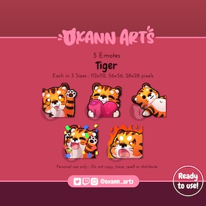 5x TIGER Emotes Emoji pack for Twitch - Cute animal - Kawaii/chibi emoji for streamers