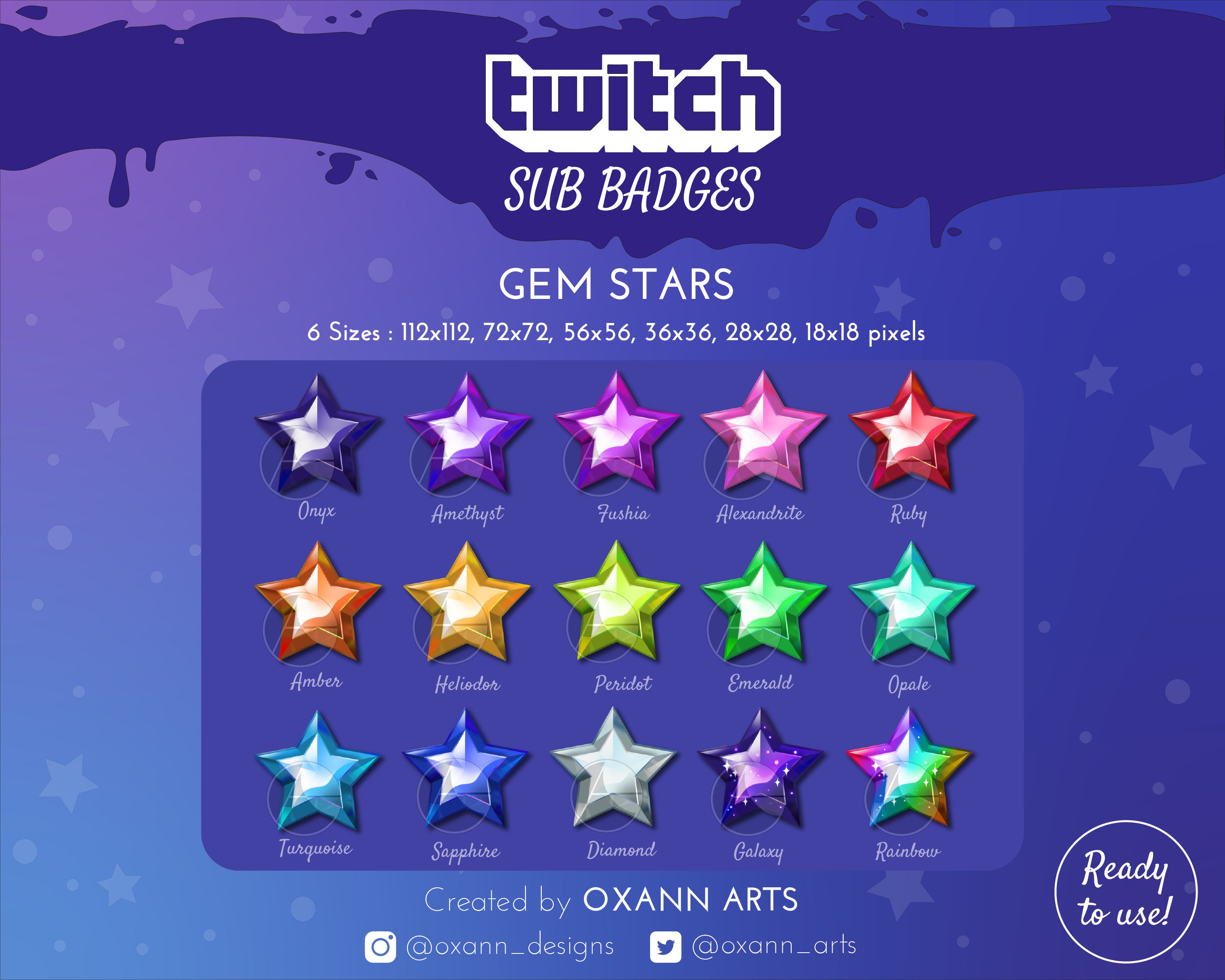 - 15 GEM STARS Sub/Bit Badges for Twitch