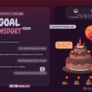 Könnte beinhalten: Ein digitales Grafikdesign für Twitch und YouTube, mit einem animierten "Goal Widget". Das Design beinhaltet eine Schokoladen-Geburtstagstorte, einen roten Ballon und den Text "Sub Goal 123/250". Das Design ist farblich anpassbar.
