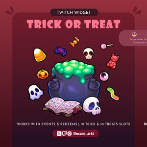 Pode incluir: Um design de widget Twitch com tema de Halloween com o texto "TRICK OR TREAT". A imagem apresenta um caldeirão com líquido verde borbulhante, doces, caveiras, um fantasma e um livro aberto. Compatível com OBS e StreamElements.