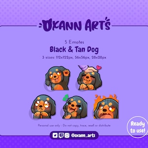 5x BLACK & TAN Dog Emotes Emoji Pack für Twitch - Süßer brauner und dunkler Welpe - Kawaii/Chibi Welpen