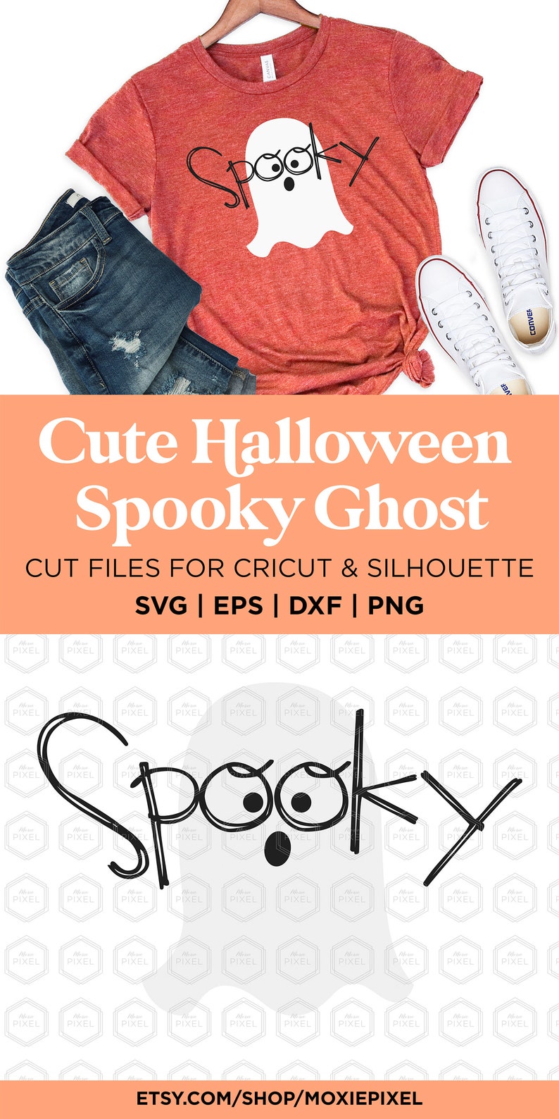May include: A digital design file for a spooky ghost with the word "Spooky" written over it. The design is perfect for creating Halloween crafts, shirts, and other projects.
