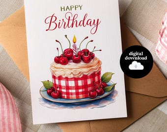 May include: A printable birthday card featuring a red and white gingham cake with a single lit candle and cherries on top. The card has the text "Happy Birthday" in a decorative font.