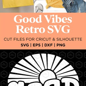 Peut inclure: Un design graphique blanc d'un soleil avec des rayons et le texte "GOOD VIBES" dans un style de police r&eacute;tro. Le design est sur un fond noir avec un motif r&eacute;p&eacute;titif du mot "PIXEL".