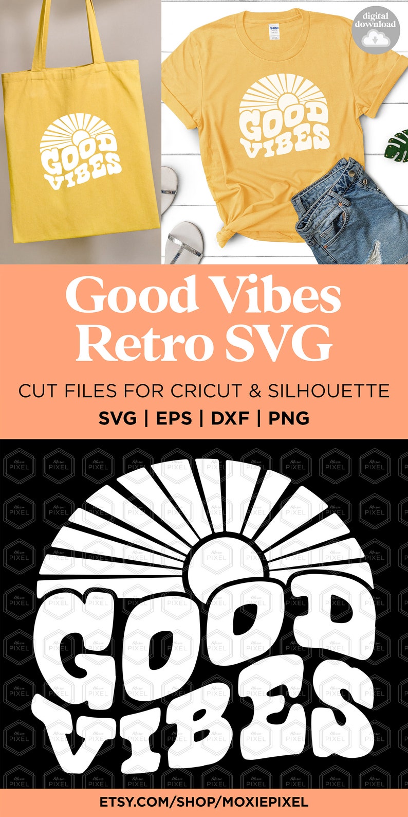 Peut inclure: Un design graphique blanc d'un soleil avec des rayons et le texte "GOOD VIBES" dans un style de police r&eacute;tro. Le design est sur un fond noir avec un motif r&eacute;p&eacute;titif du mot "PIXEL".