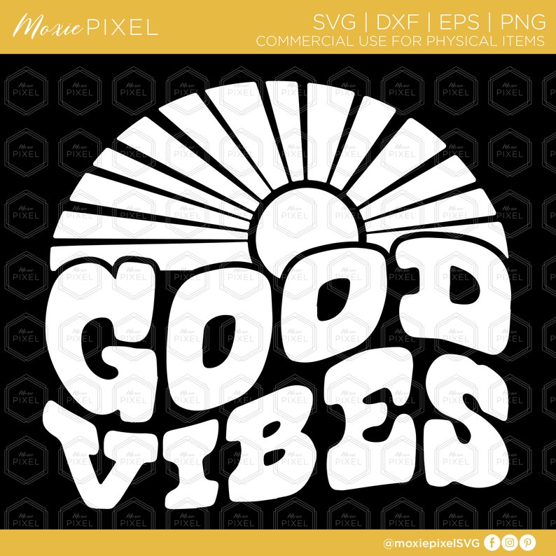 Peut inclure: Conception graphique en noir et blanc avec un soleil et le texte "GOOD VIBES" dans un style r&eacute;tro.