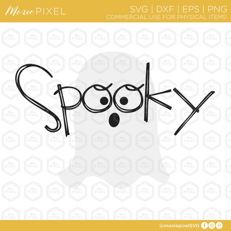 May include: A black and white illustration of a ghost with the word "Spooky" written in a whimsical font. The ghost has two large eyes and a small mouth.