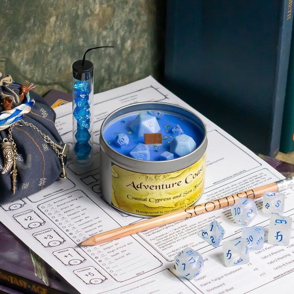 Adventure Coast, DnD Dice Candle, Wood Wick, Coconut Wax, Coastal Scented, Roleplay Candle, Dice Wax Melts, 35+ Hours