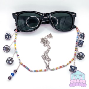 Mini Dice Glasses Chain, Rainbow Chain, Blue/Black Dice, Mini Dice, Dice Glasses Chain, Dice Jewellery