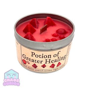 Potion of Healing, DnD Dice Candle, Wood Wick, Cherry Bakewell Scented, Roleplay Candle, Dice Wax Melts, 35+ Hours