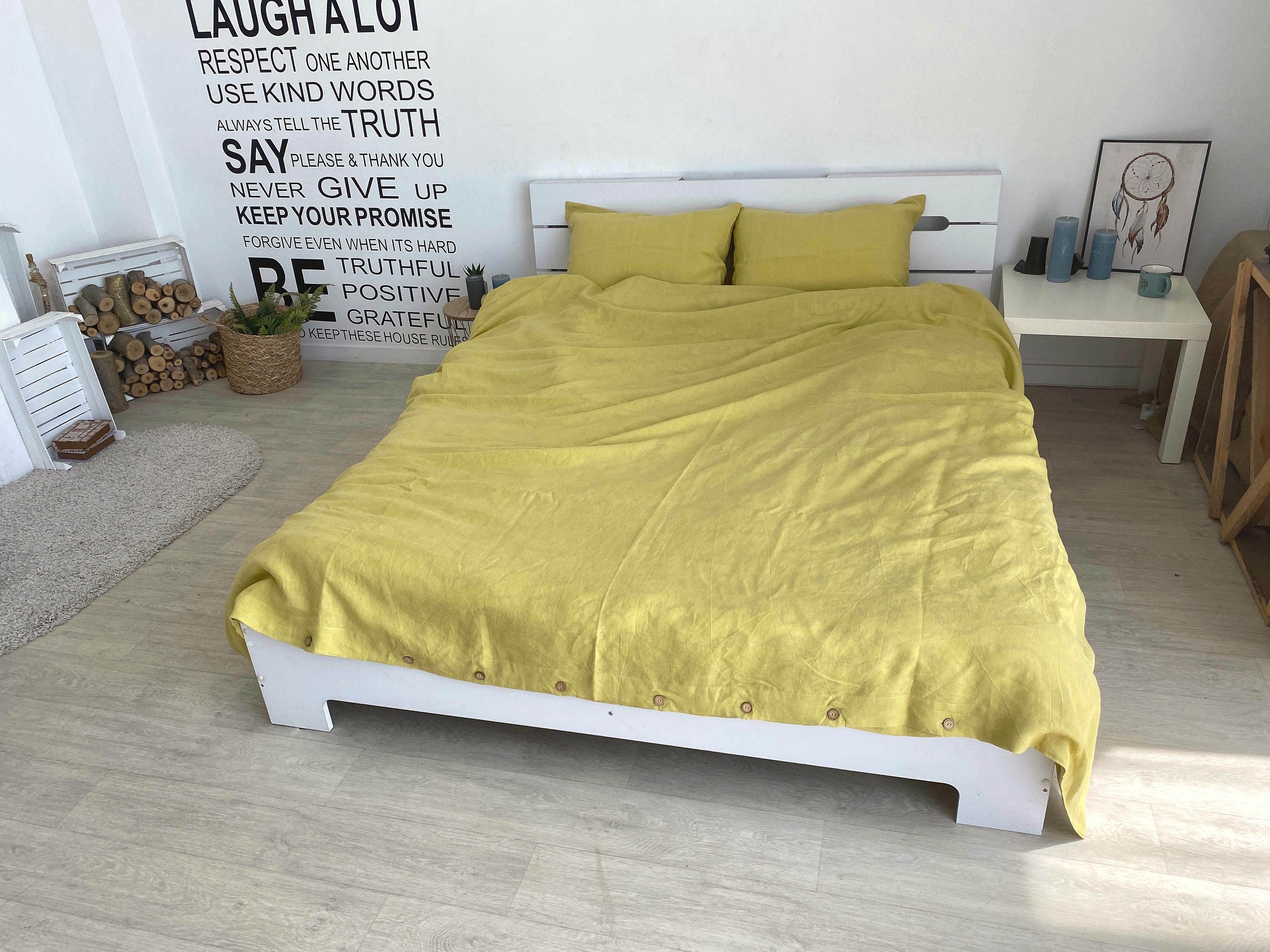 Linen Duvet Cover in Moss yellow / Yellow Duvet Cover in Twin Etsy