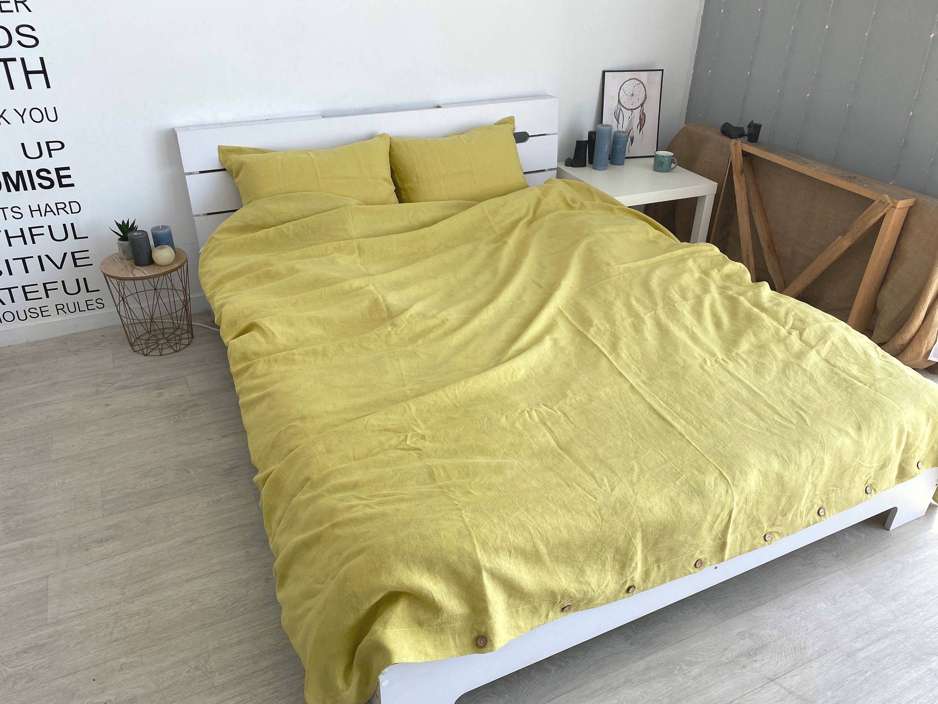 Linen Duvet Cover in Moss yellow / Yellow Duvet Cover in Twin Etsy