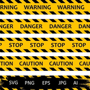 Op de afbeelding: Een set van vijf gele en zwarte waarschuwingsbanden met de woorden "WARNING", "DANGER", "STOP", "CAUTION" en "SVG PNG EPS JPG AI" erop gedrukt. De banden zijn geïsoleerd op een witte achtergrond.