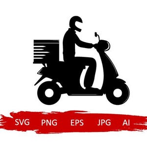 May include: Black silhouette of a person riding a scooter, with a delivery box on the back. The person is wearing a helmet. Below the scooter is a red brushstroke with the text "SVG PNG EPS JPG AI".