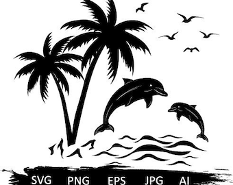 トロピカルビーチ svg、イルカ svg、海 svg、ヤシの木 svg、夏 svg、トロピカル svg、イルカのシルエット、ビーチライフ svg、ハワイ シャツ、ビーチ シャツ