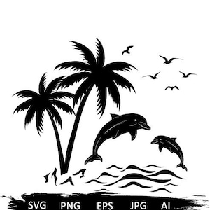 Tropical Beach svg, dauphins svg, océan svg, palmier svg, été svg, tropical svg, silhouette de dauphin, vie de plage svg, chemise hawaii, chemise de plage