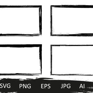 Könnte beinhalten: Vier schwarze, handgezeichnete, rechteckige Rahmen mit rauen Kanten. Die Rahmen sind in einem Raster angeordnet. Der Text "SVG PNG EPS JPG AI" ist in Schwarz auf einem schwarzen Pinselstrich-Hintergrund geschrieben.