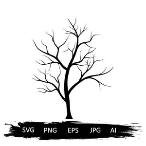 Könnte beinhalten: Schwarze Silhouette eines kahlen Baumes mit Ästen, die sich in alle Richtungen erstrecken, vor einem weißen Hintergrund.