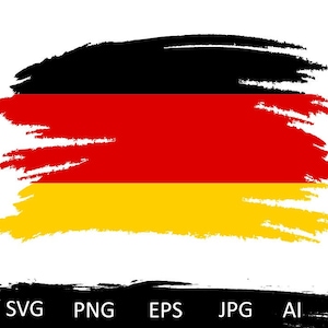 Könnte beinhalten: Eine schwarz-rot-goldene deutsche Flagge, die im Pinselstrich-Stil gemalt ist. Die Flagge befindet sich auf weißem Hintergrund. Unter der Flagge stehen die Wörter "SVG", "PNG", "EPS", "JPG" und "AI" in schwarzer Schrift auf schwarzem Hintergrund.