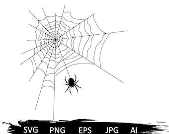 May include: A black and white illustration of a spider web with a spider in the center. The web is drawn in a simple, minimalist style.