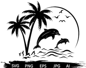 Delfines svg, océano svg, playa svg, palmera svg, verano svg, tropical svg, silueta de delfines, vida de playa svg, hawaii svg, camisa de playa