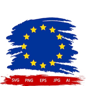 Pode incluir: Uma bandeira da União Europeia azul e amarela com um círculo de 12 estrelas amarelas sobre um fundo azul. A bandeira é pintada em um estilo de pinceladas.