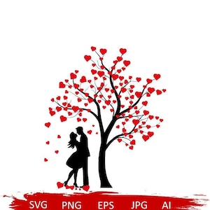 Casal svg, árvore com corações svg, árvore de dia dos namorados svg, casal sob árvore svg, casais de silhueta svg, árvore do amor svg, dia dos namorados svg, árvore svg