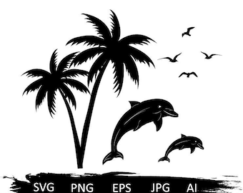 Palmera svg, delfín svg, playa svg, verano svg, tropical svg, silueta de delfín, vida en la playa svg, hawaii svg, naturaleza svg, camisa hawaii, camisa de playa