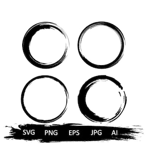 May include: Four black ink circles, each with a rough, hand-drawn texture, are arranged in a square pattern on a white background. The circles are empty and appear to be drawn with a brush.