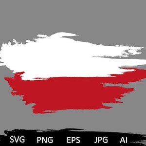 May include: A graphic design of the Polish flag, featuring a white stripe above a red stripe, with a brushstroke effect. The background is gray. Below the flag are the file type abbreviations: SVG, PNG, EPS, JPG, and AI.