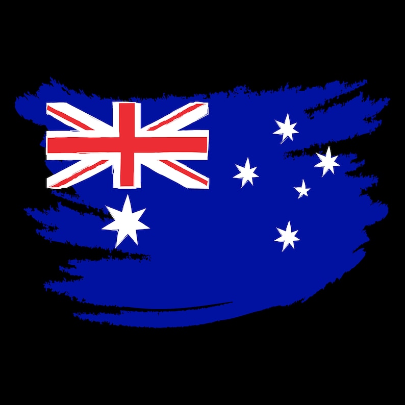 May include: A blue and white Australian flag with a red cross in the upper left corner. The flag is painted in a brushstroke style.