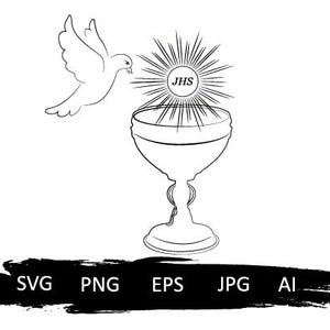 Può includere: Un disegno in bianco e nero di una colomba che scende verso un calice con un raggio di sole e le lettere "JHS" all'interno di un cerchio sopra.
