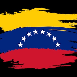 May include: A yellow, blue, and red flag with a stylized brushstroke effect. The blue section features a white arc of seven stars.