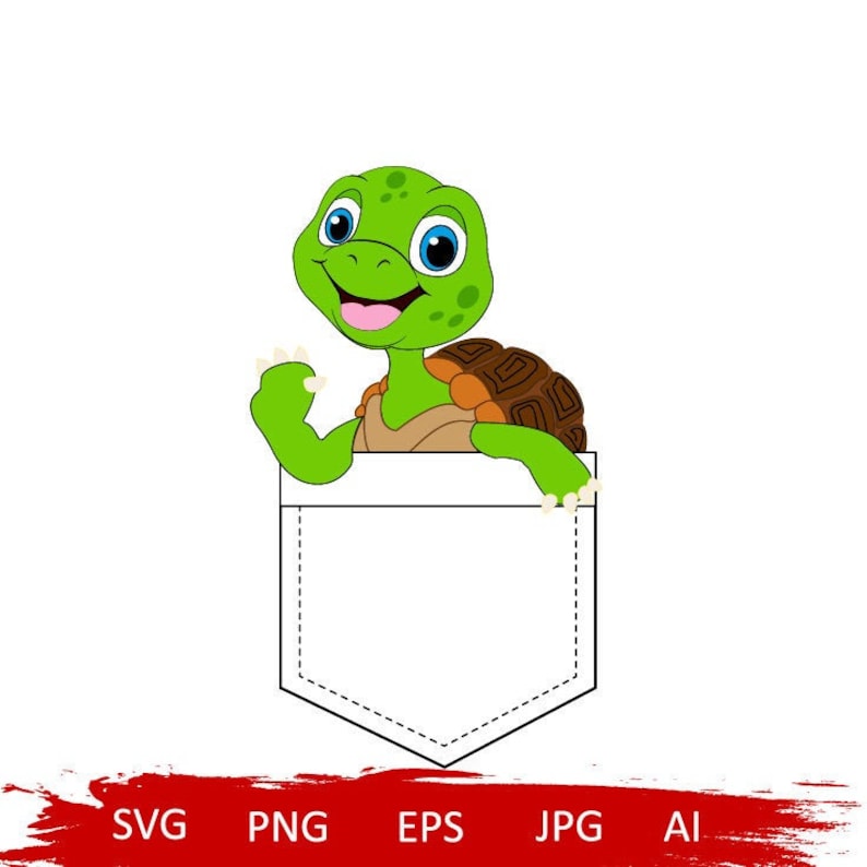 May include: A green cartoon turtle with blue eyes and a smile is peeking out of a white pocket. The turtle has a brown shell and is holding its right arm up.