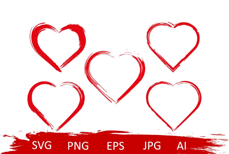 May include: Five red brushstroke heart shapes on a white background. The hearts are all different sizes and shapes. The text "SVG PNG EPS JPG AI" is at the bottom of the image.
