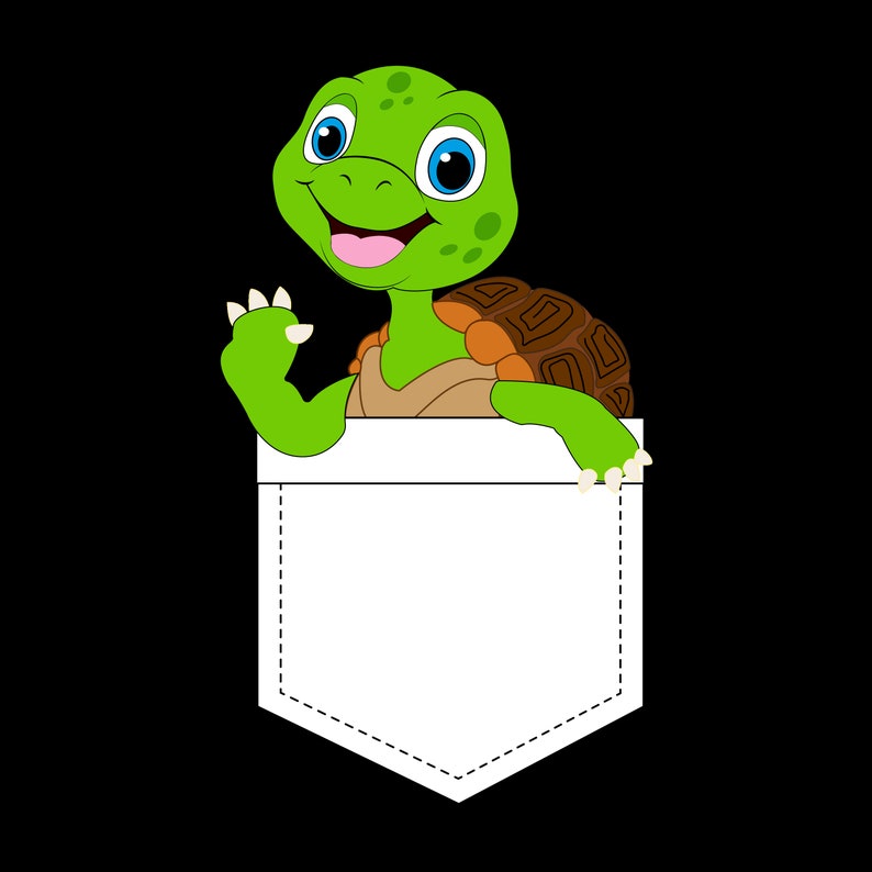 May include: A green cartoon turtle with a brown shell is peeking out of a white pocket. The turtle is smiling and has big blue eyes.