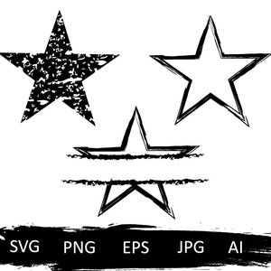 May include: Three black star shapes, one with a textured fill, one with a solid outline, and one with a double outline. The stars are arranged in a triangular pattern. The text "SVG PNG EPS JPG AI" is written in black at the bottom of the image.