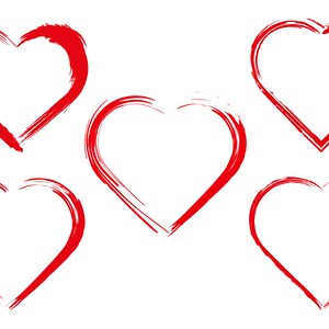 May include: Five red heart shapes drawn with a brush stroke, isolated on a white background.