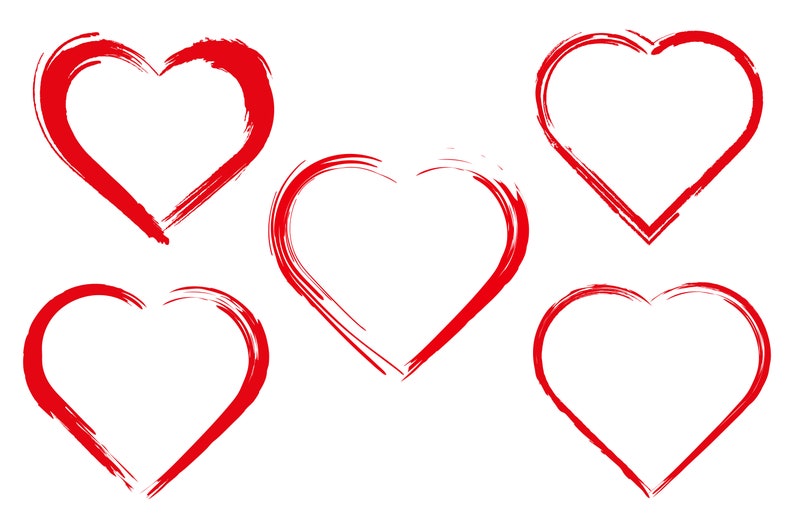 May include: Five red heart shapes drawn with a brush stroke, isolated on a white background.