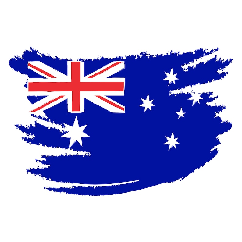 May include: A blue and white Australian flag with a red cross in the upper left corner. The flag is painted in a brushstroke style.