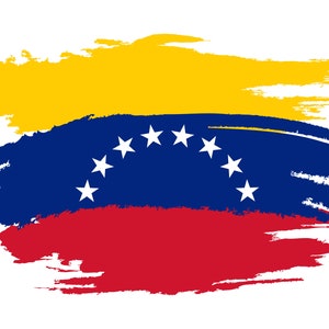 May include: A yellow, blue, and red abstract brushstroke design representing the flag of Venezuela. The blue section features eight white stars in an arc.