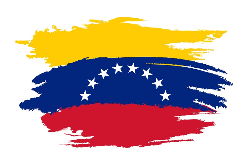 May include: A yellow, blue, and red abstract brushstroke design representing the flag of Venezuela. The blue section features eight white stars in an arc.