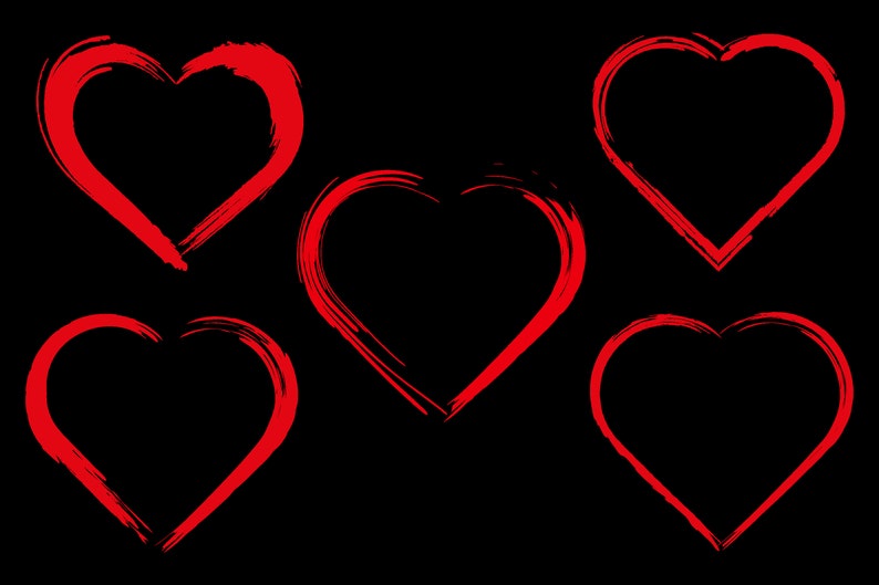 May include: Five red heart shapes drawn with a brush stroke on a black background.