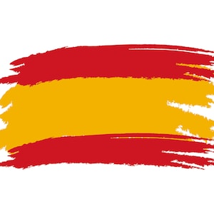 May include: A stylized, brushstroke-style depiction of the Spanish flag. The flag is red and yellow with two horizontal stripes.